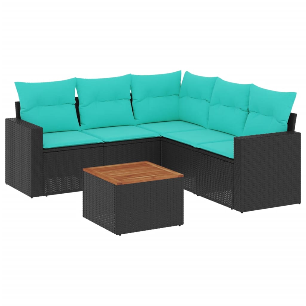 6-delige Loungeset met kussens poly rattan zwart – afbeelding 2