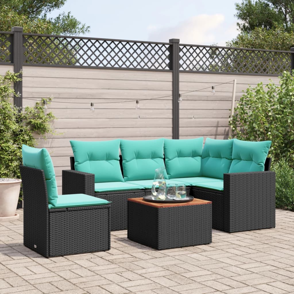 6-delige Loungeset met kussens poly rattan zwart – afbeelding 1