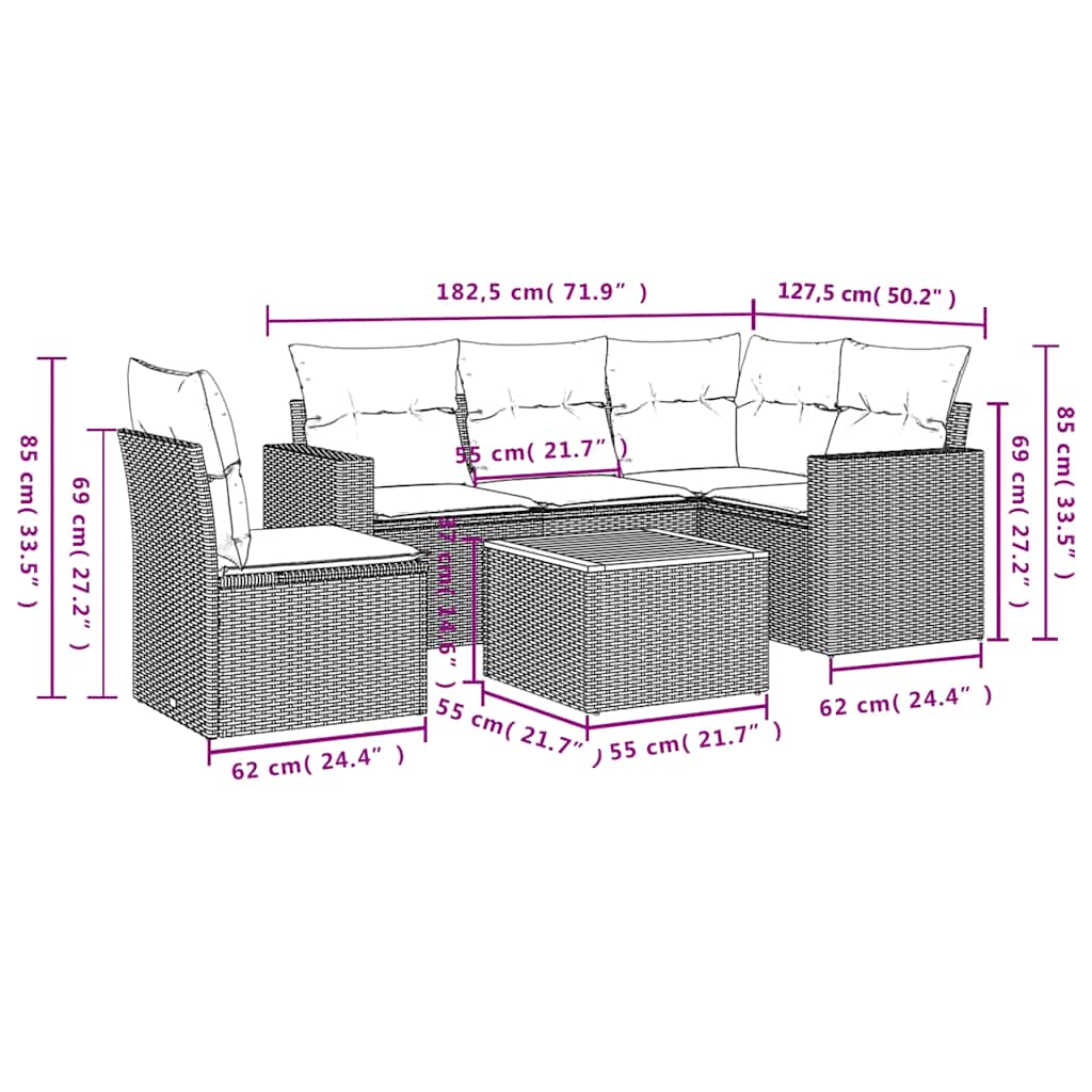6-delige Loungeset met kussens poly rattan zwart – afbeelding 12