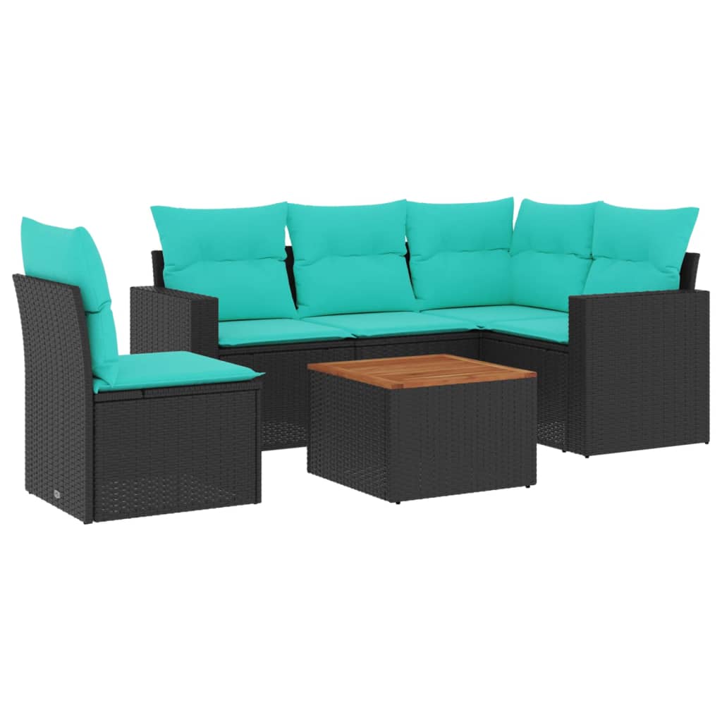 6-delige Loungeset met kussens poly rattan zwart – afbeelding 2