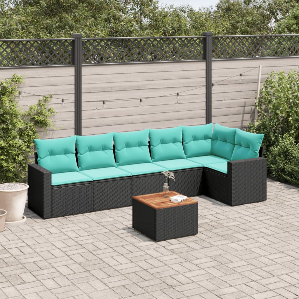 7-delige Loungeset met kussens poly rattan zwart – afbeelding 1