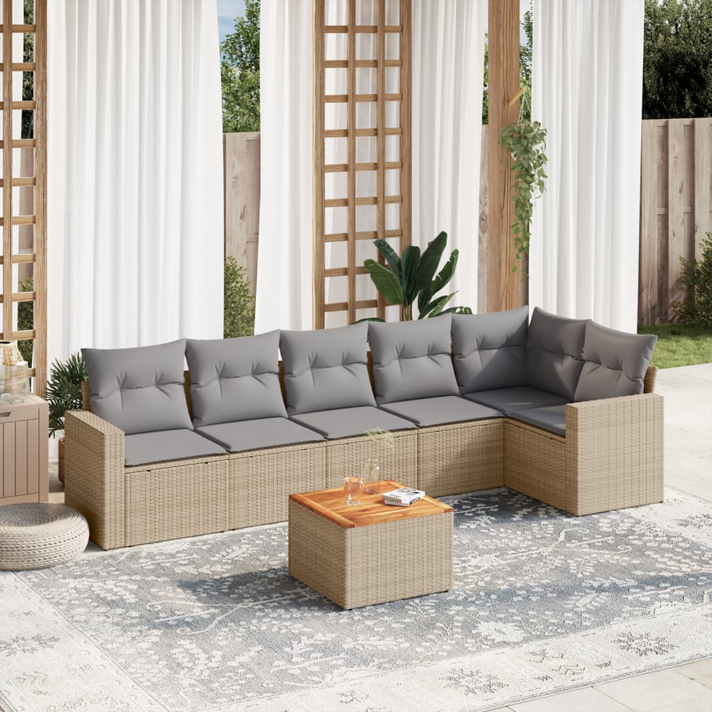7-delige Loungeset met kussens poly rattan gemengd beige – afbeelding 1