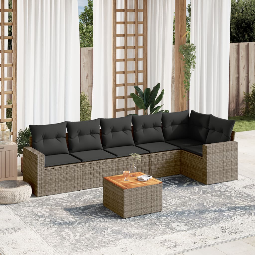 7-delige Loungeset met kussens poly rattan grijs – afbeelding 1