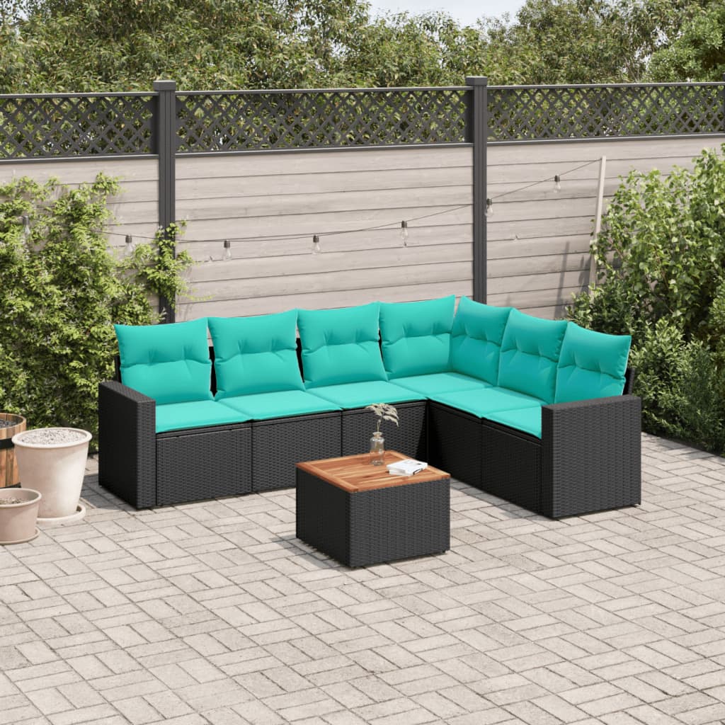 7-delige Loungeset met kussens poly rattan zwart – afbeelding 1