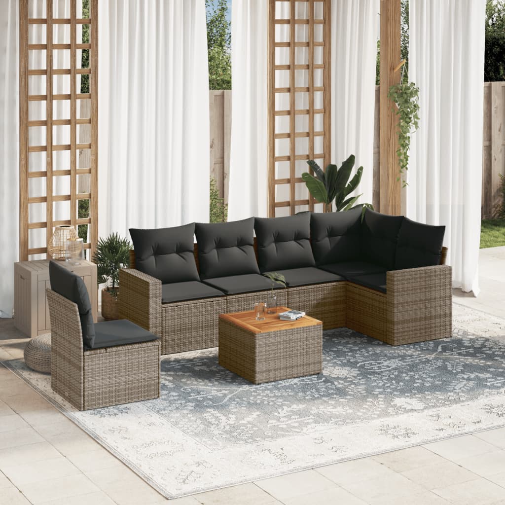 7-delige Loungeset met kussens poly rattan grijs – afbeelding 1