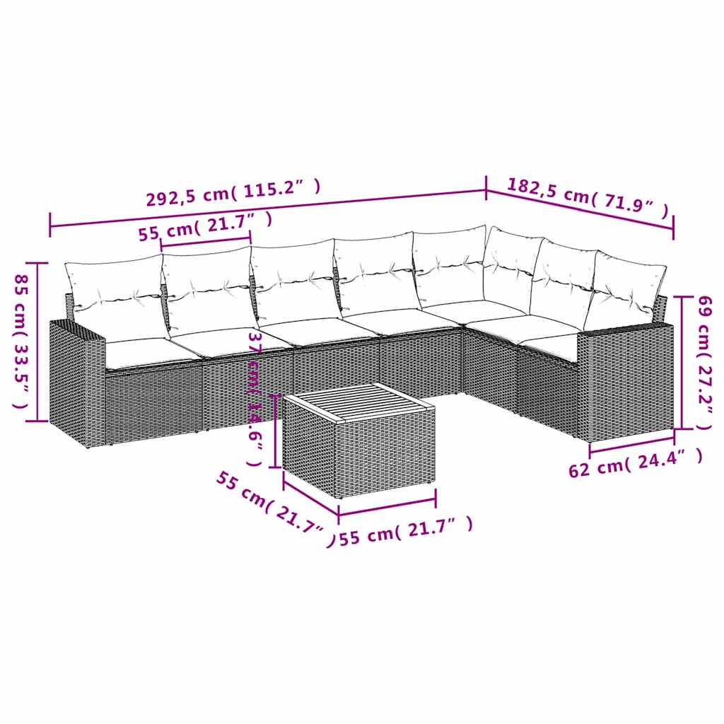 8-delige Loungeset met kussens poly rattan zwart – afbeelding 12