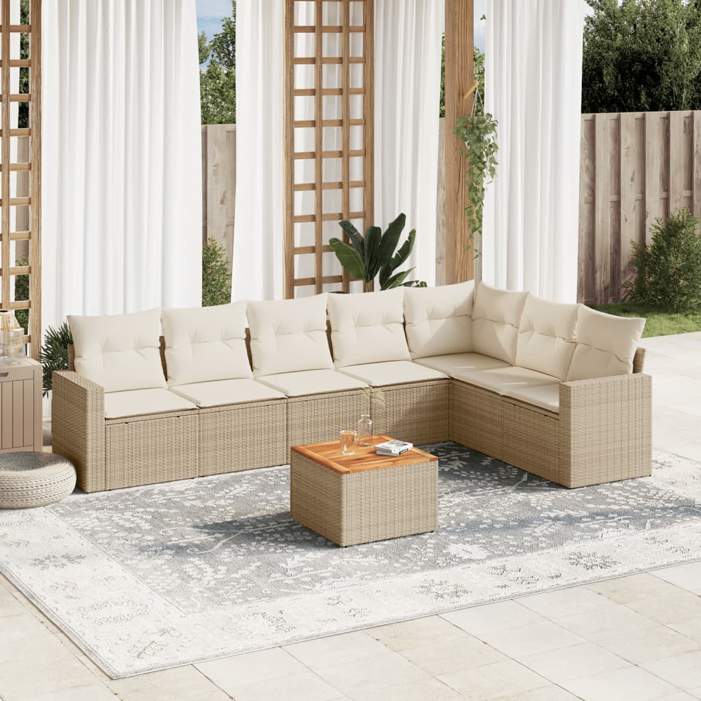 8-delige Loungeset met kussens poly rattan beige – afbeelding 1