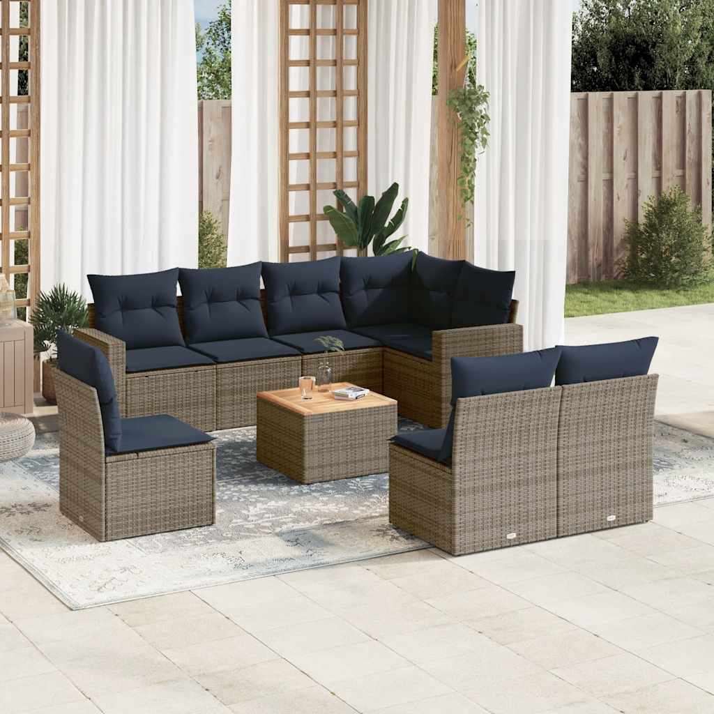 9-delige Loungeset met kussens poly rattan grijs – afbeelding 1