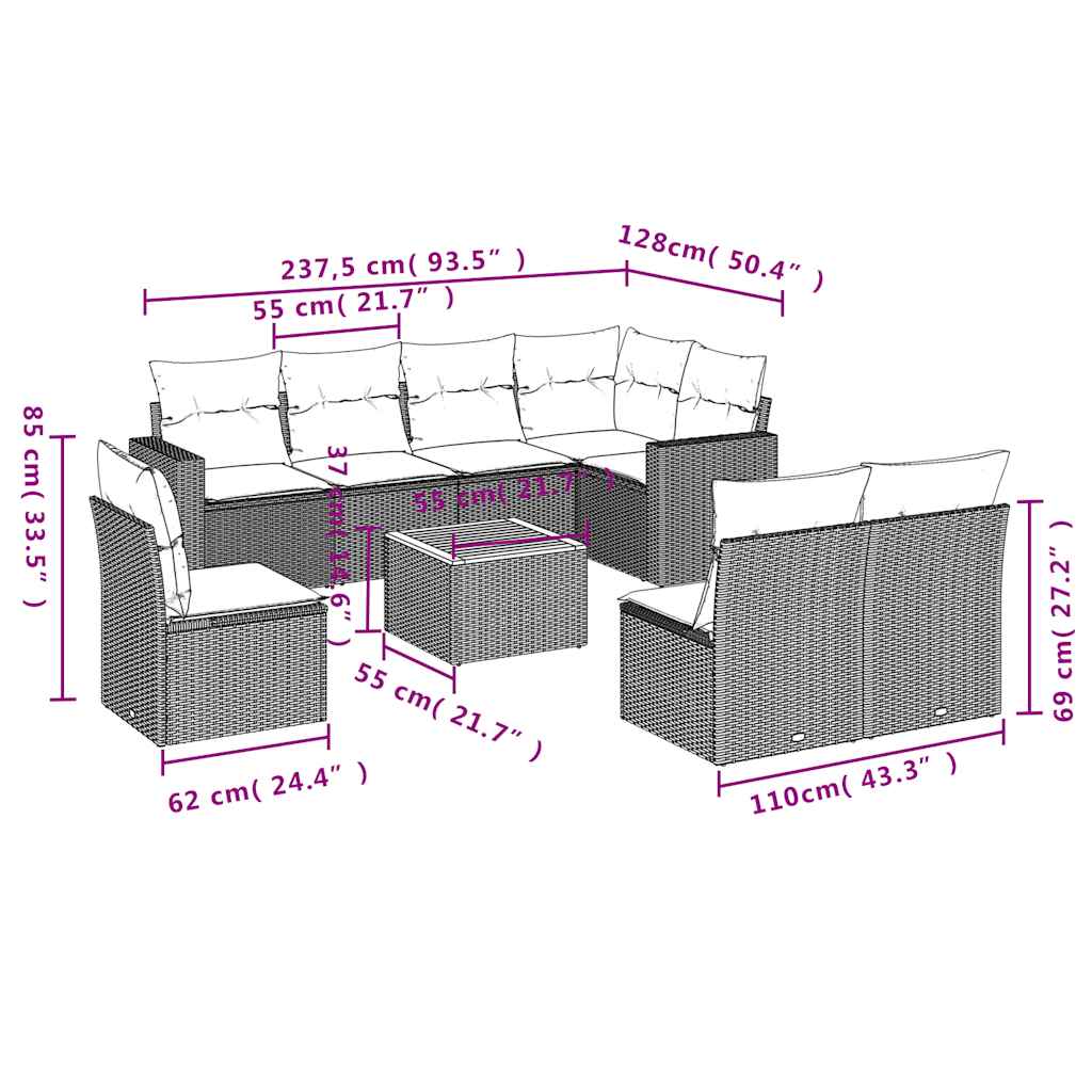 9-delige Loungeset met kussens poly rattan grijs – afbeelding 12
