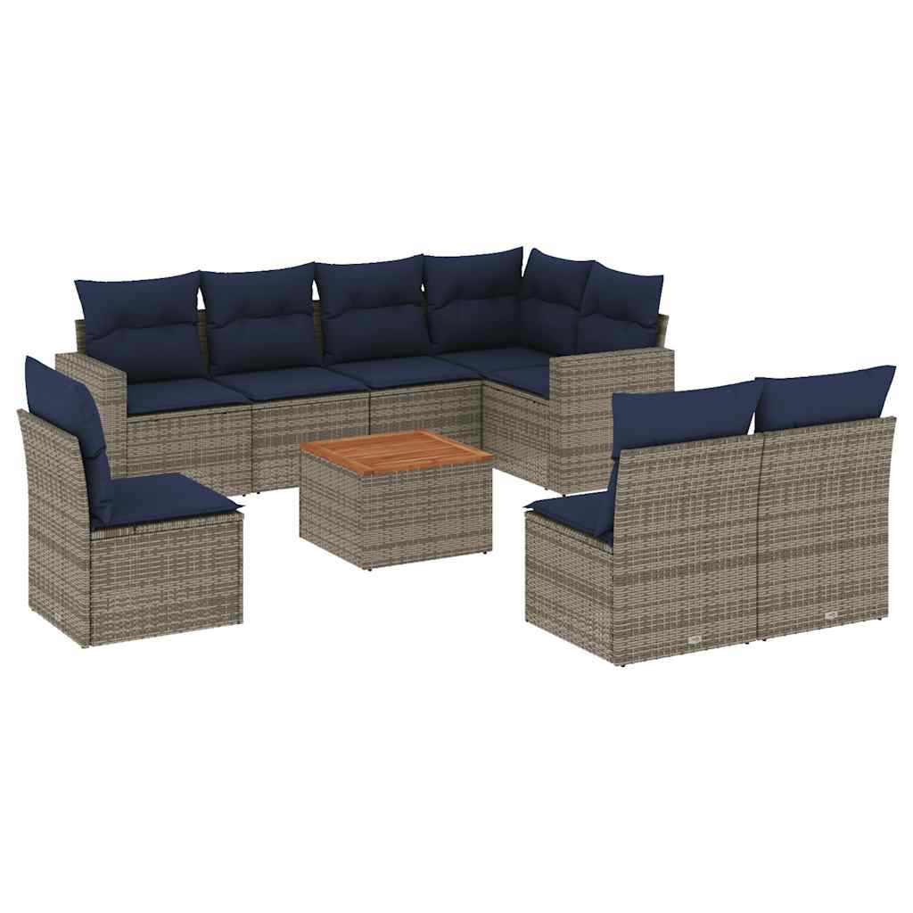 9-delige Loungeset met kussens poly rattan grijs – afbeelding 2