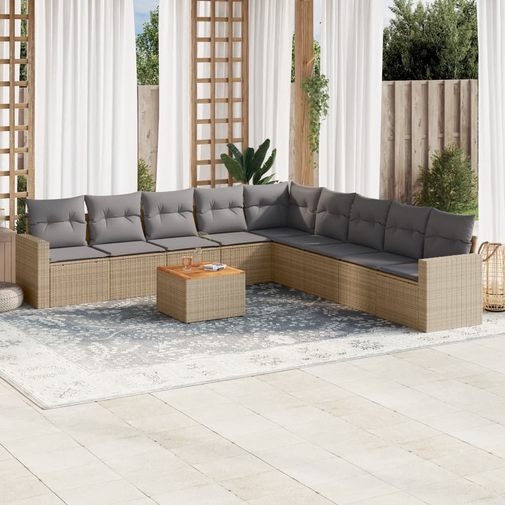 10-delige Loungeset met kussens poly rattan gemengd beige – afbeelding 1