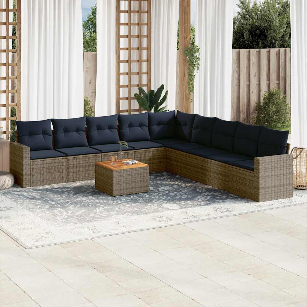 10-delige Loungeset met kussens poly rattan grijs – afbeelding 1