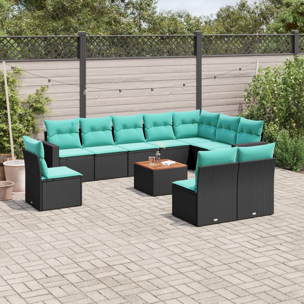 11-delige Loungeset met kussens poly rattan zwart – afbeelding 1