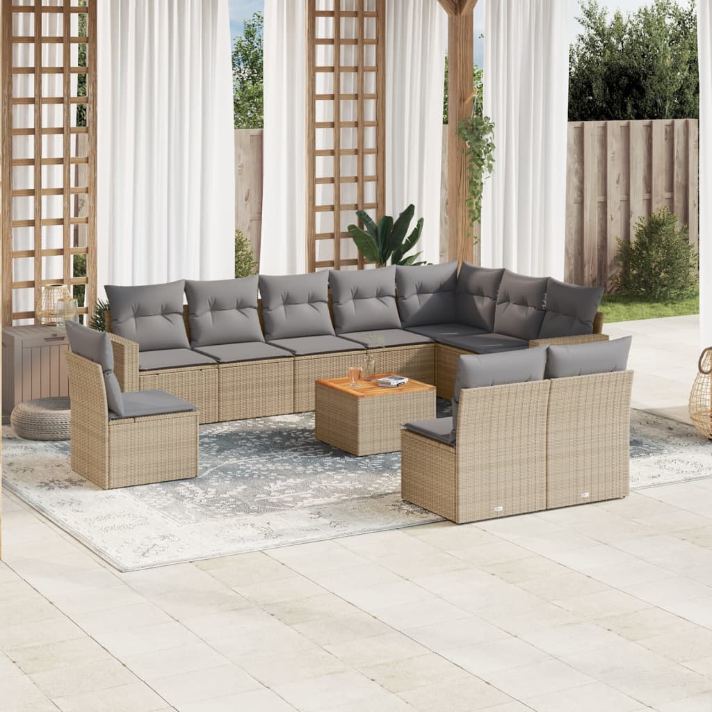 11-delige Loungeset met kussens poly rattan gemengd beige – afbeelding 1