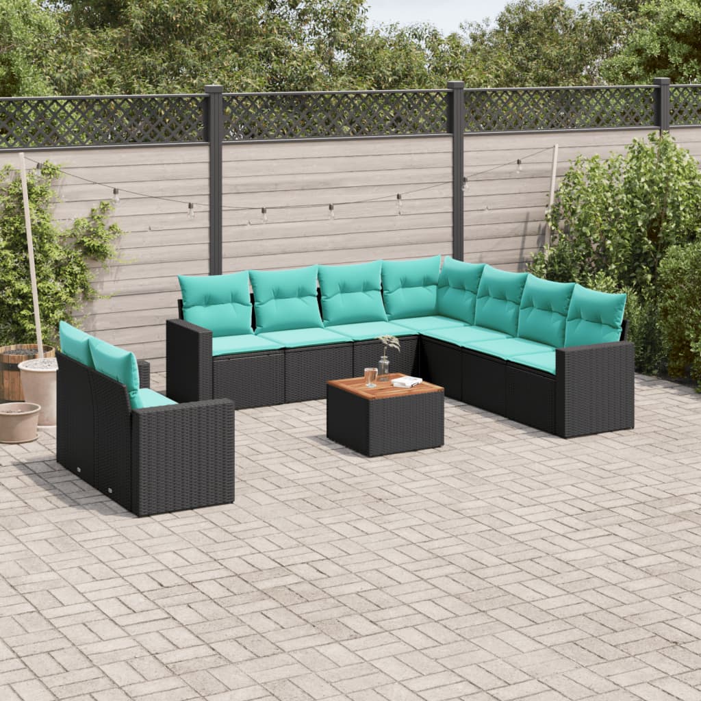 10-delige Loungeset met kussens poly rattan zwart – afbeelding 1