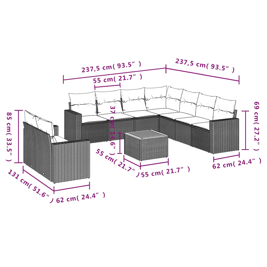 10-delige Loungeset met kussens poly rattan zwart – afbeelding 12