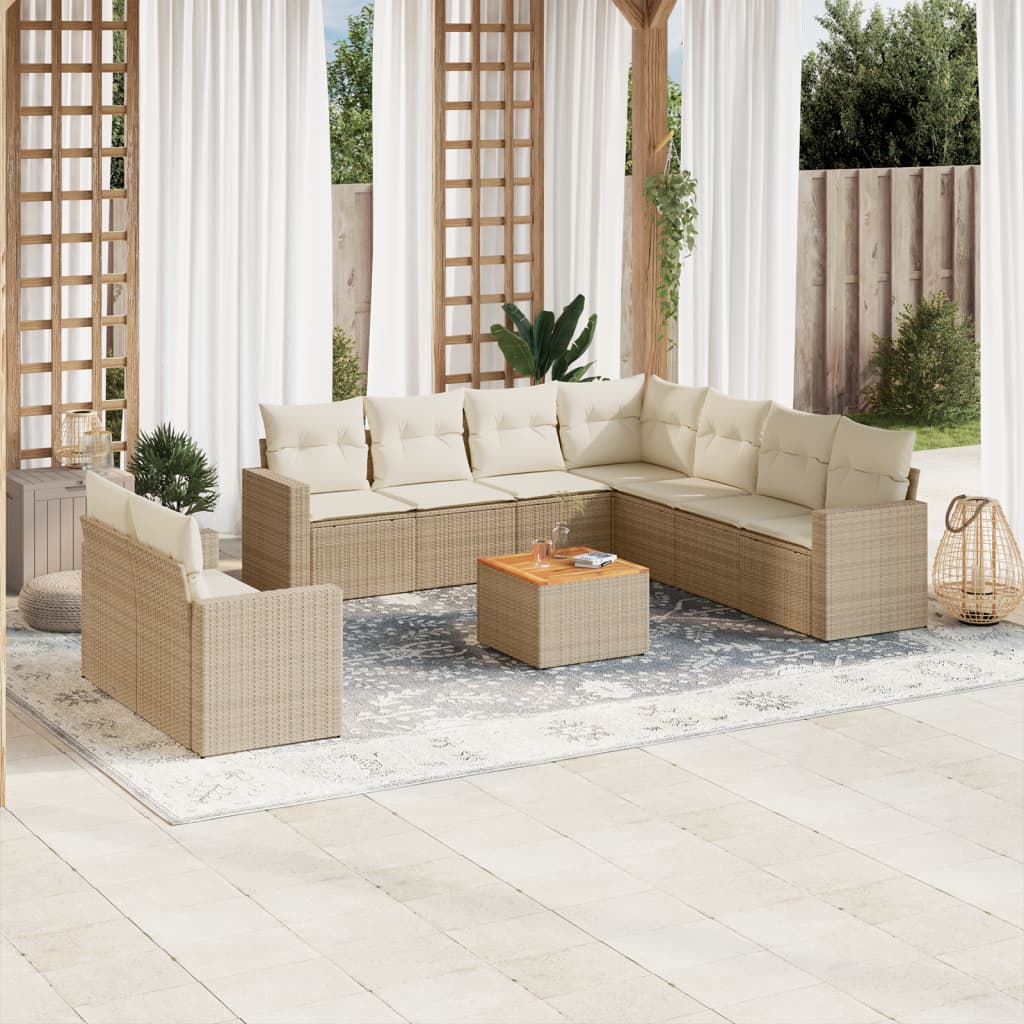 10-delige Loungeset met kussens poly rattan beige – afbeelding 1