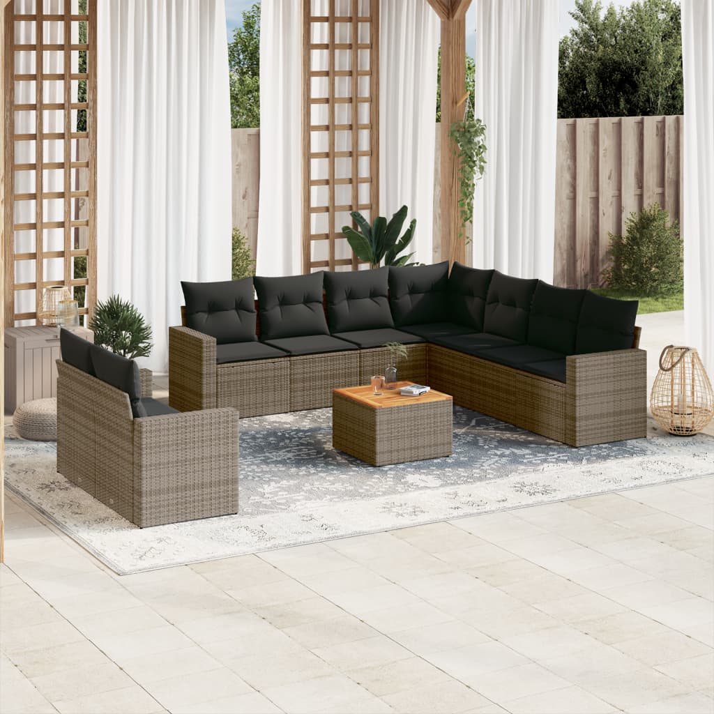 10-delige Loungeset met kussens poly rattan grijs – afbeelding 1