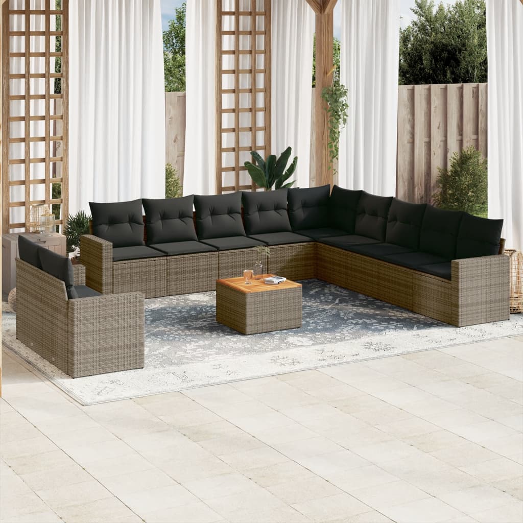 12-delige Loungeset met kussens poly rattan grijs – afbeelding 1