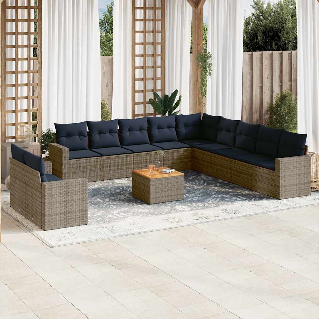 12-delige Loungeset met kussens poly rattan grijs – afbeelding 1