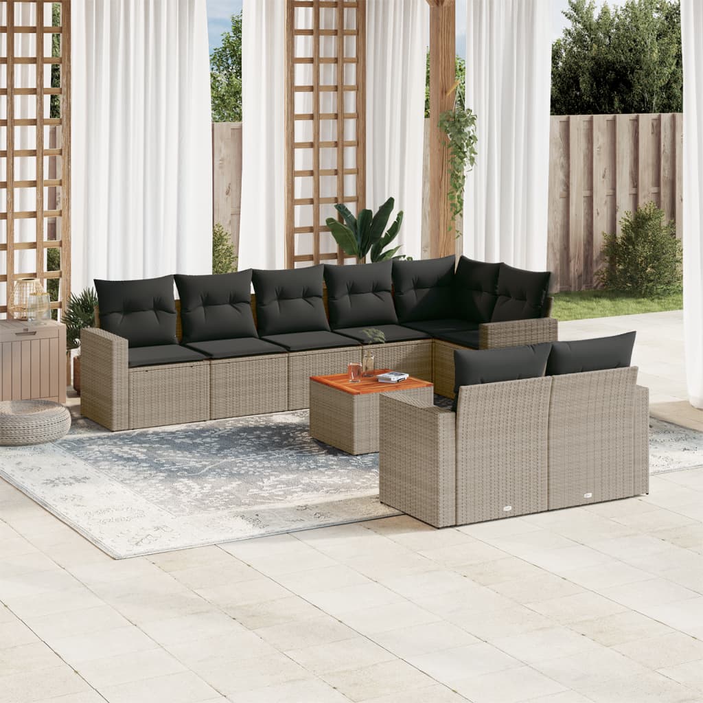 9-delige Loungeset met kussens poly rattan grijs – afbeelding 1