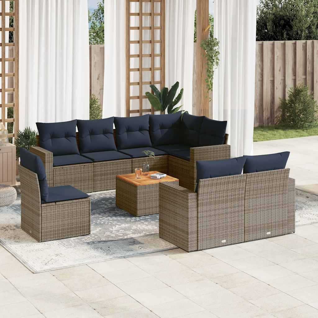 9-delige Loungeset met kussens poly rattan grijs – afbeelding 1