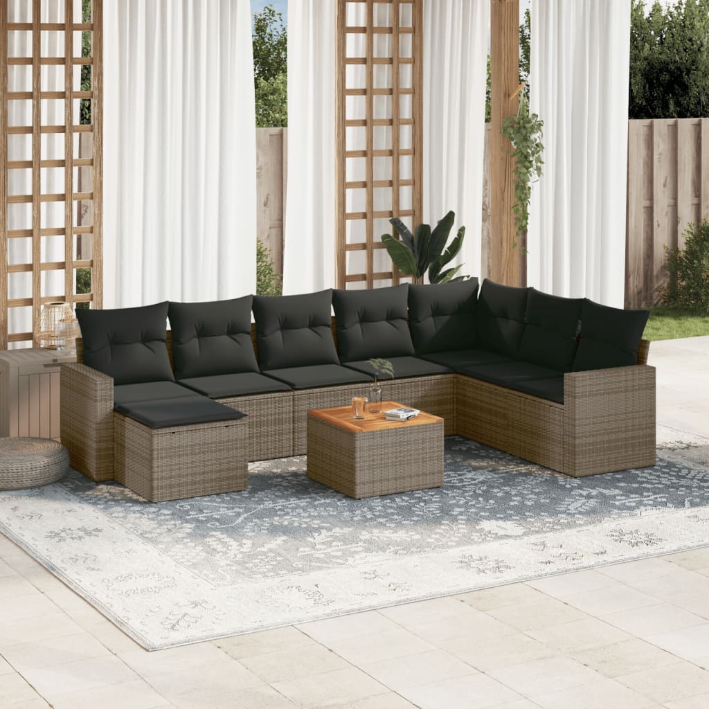 9-delige Loungeset met kussens poly rattan grijs – afbeelding 1