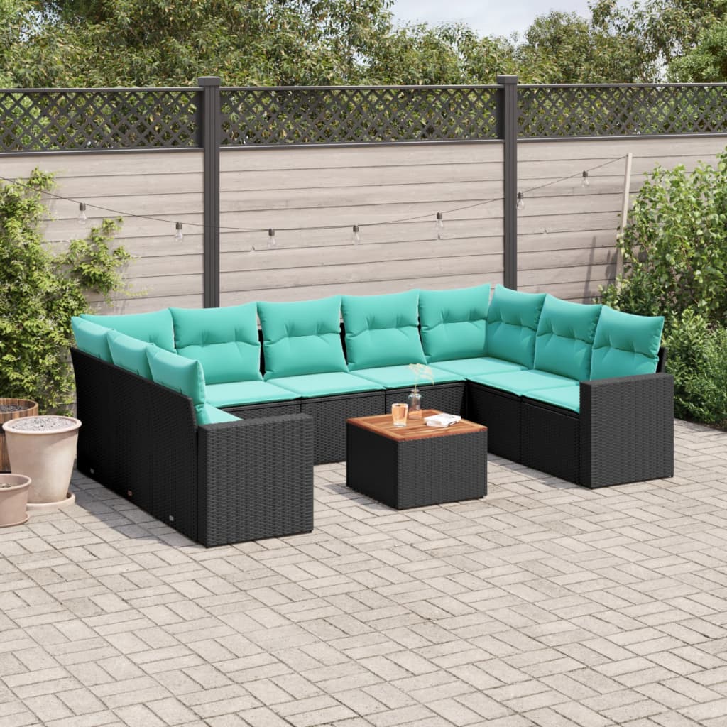 10-delige Loungeset met kussens poly rattan zwart – afbeelding 1