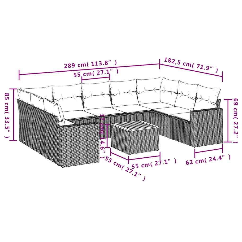 10-delige Loungeset met kussens poly rattan zwart – afbeelding 12