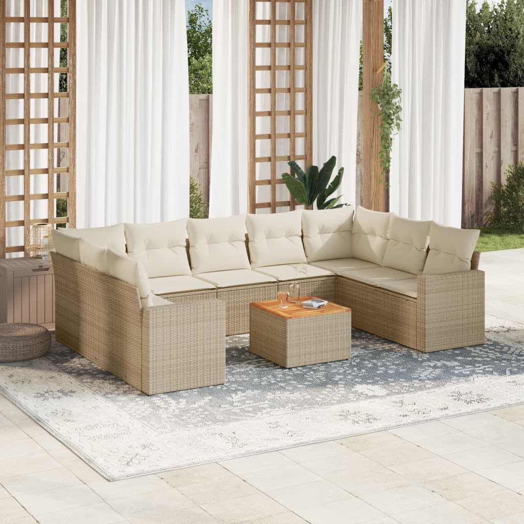 10-delige Loungeset met kussens poly rattan beige – afbeelding 1