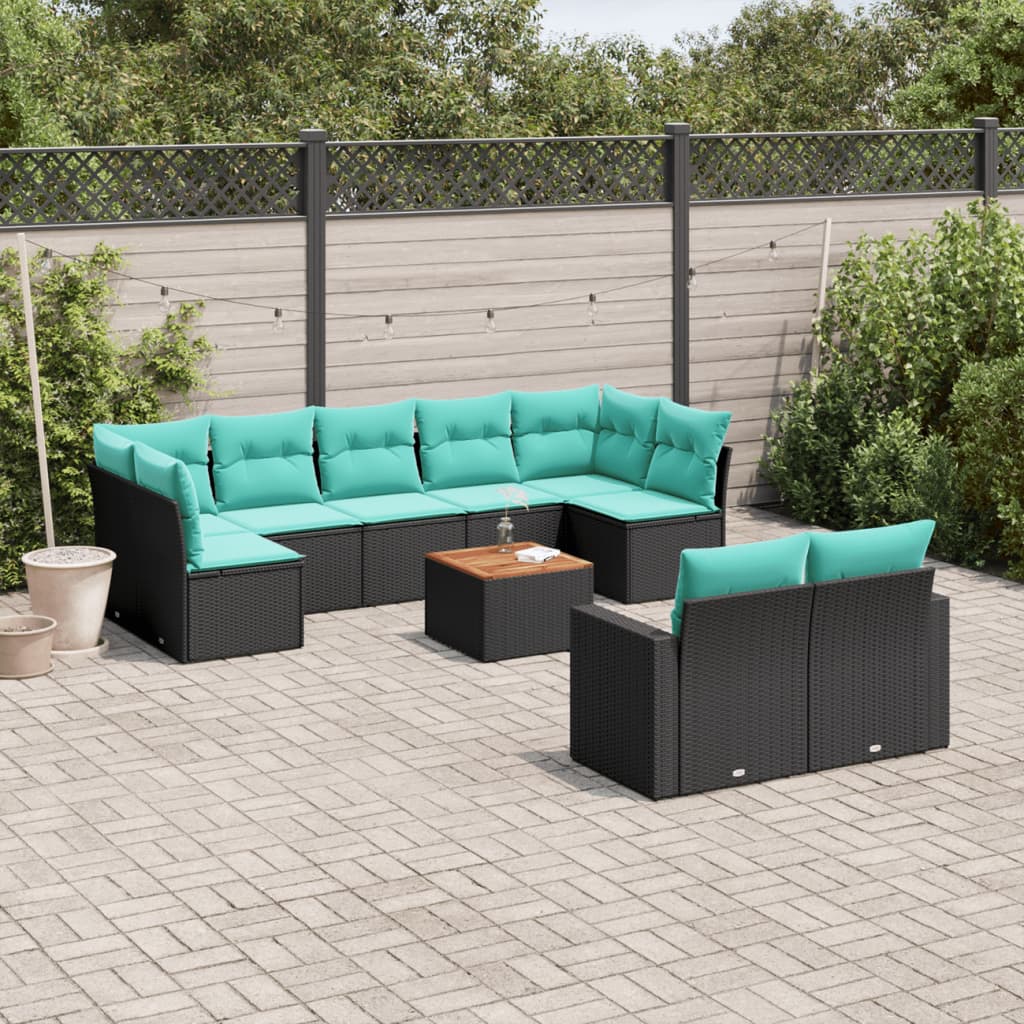10-delige Loungeset met kussens poly rattan zwart – afbeelding 1