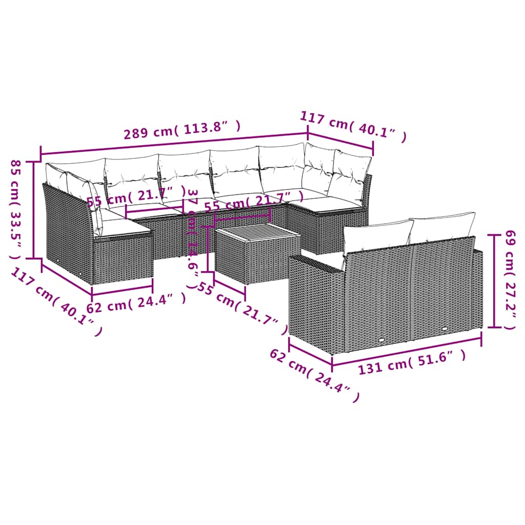 10-delige Loungeset met kussens poly rattan zwart – afbeelding 12