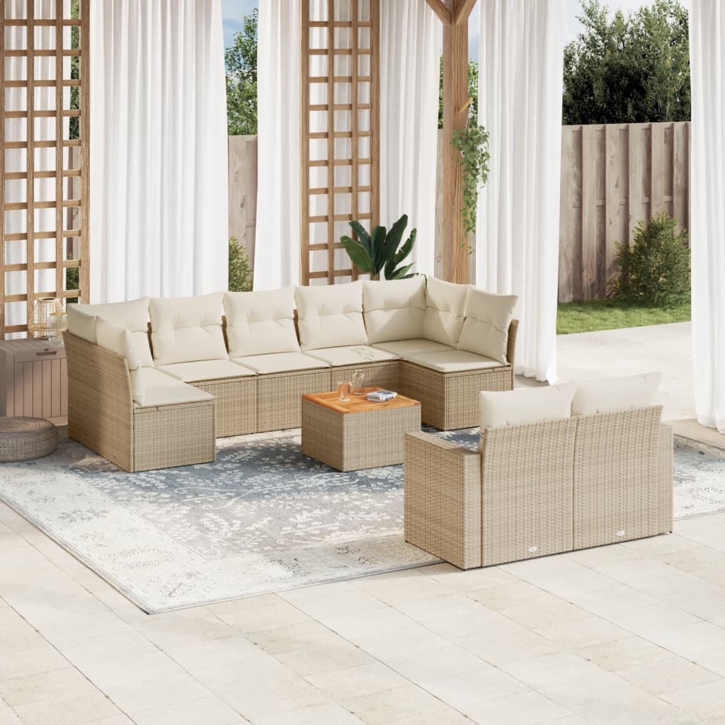 10-delige Loungeset met kussens poly rattan beige – afbeelding 1