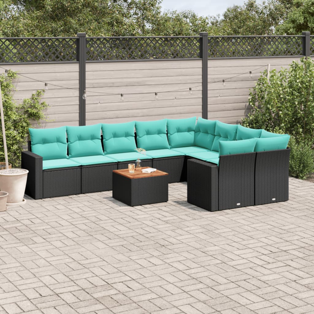 10-delige Loungeset met kussens poly rattan zwart – afbeelding 1