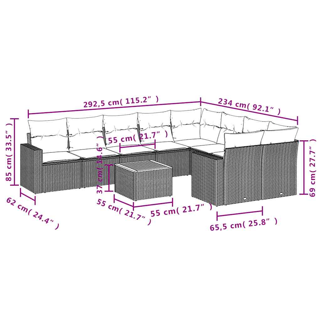 10-delige Loungeset met kussens poly rattan zwart – afbeelding 12