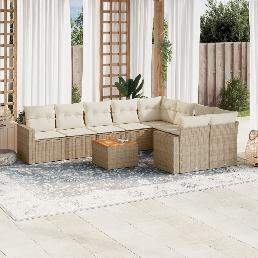 10-delige Loungeset met kussens poly rattan beige – afbeelding 1