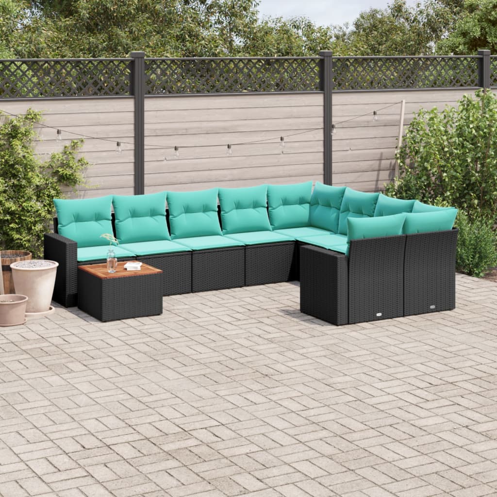 10-delige Loungeset met kussens poly rattan zwart – afbeelding 1