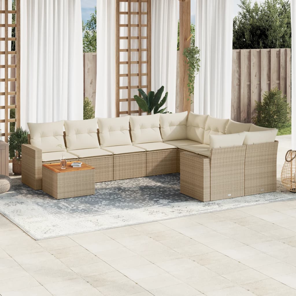 10-delige Loungeset met kussens poly rattan beige – afbeelding 1