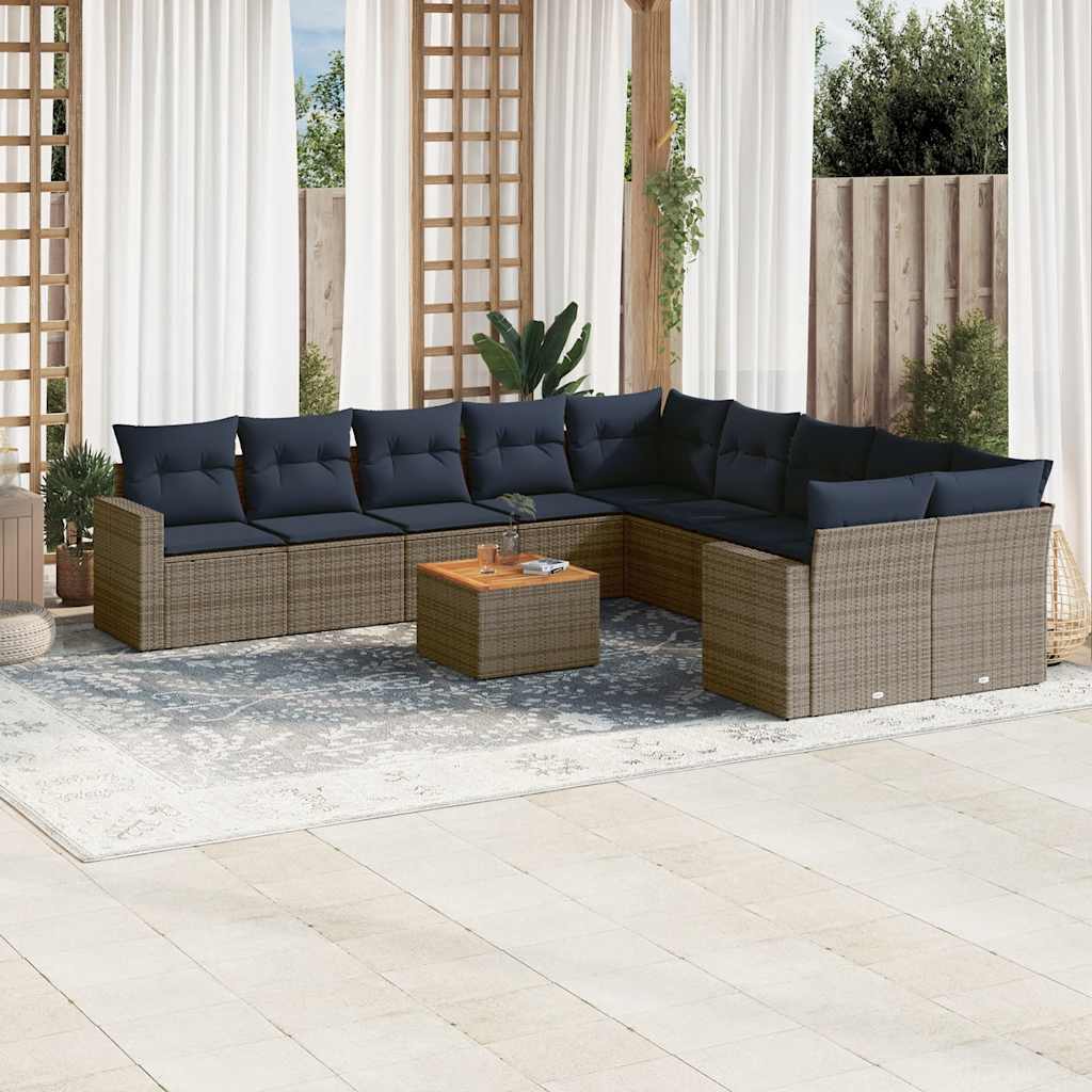 11-delige Loungeset met kussens poly rattan grijs – afbeelding 1