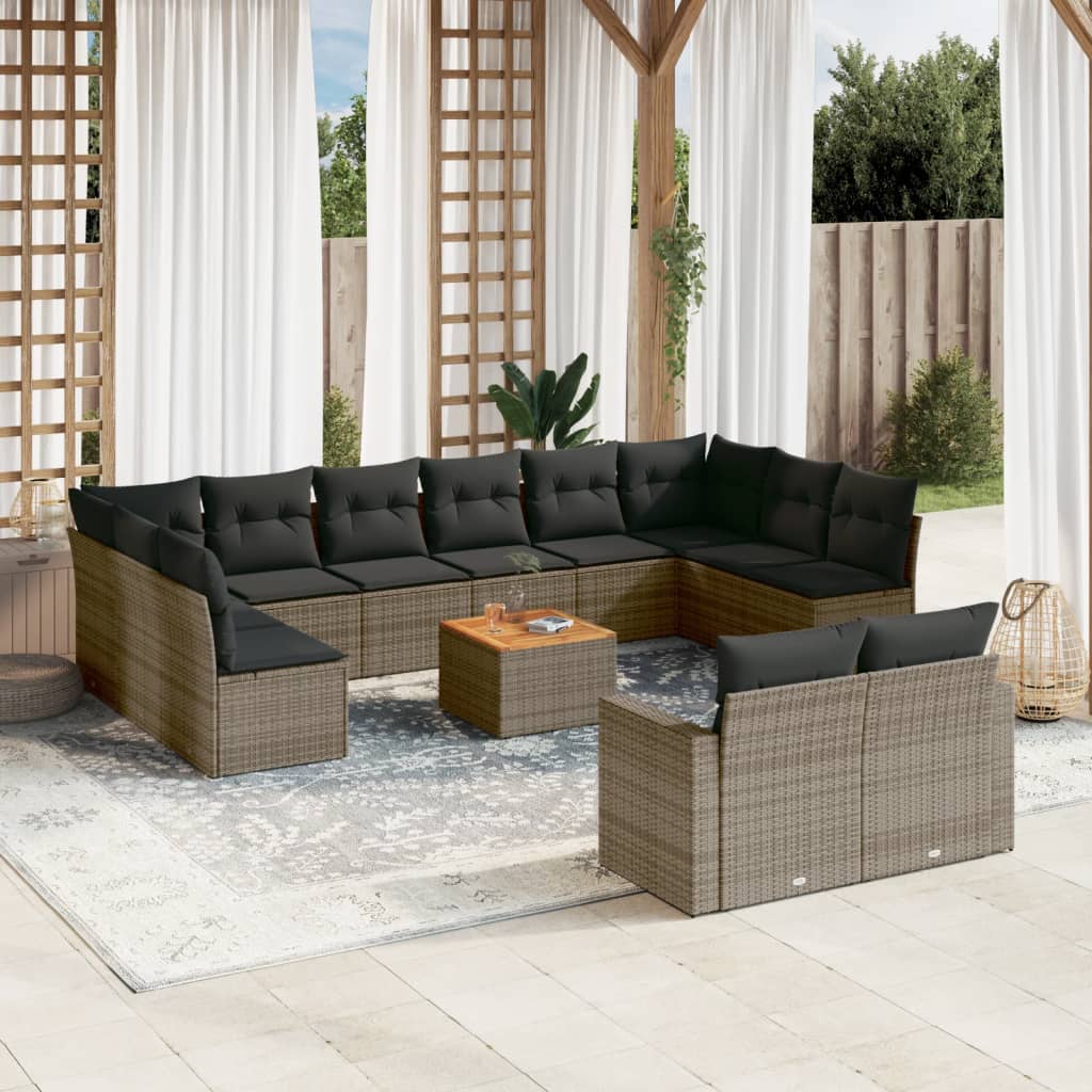 13-delige Loungeset met kussens poly rattan grijs – afbeelding 1