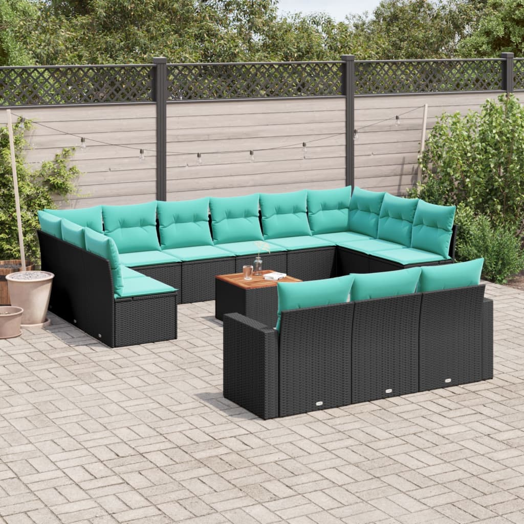 14-delige Loungeset met kussens poly rattan zwart – afbeelding 1