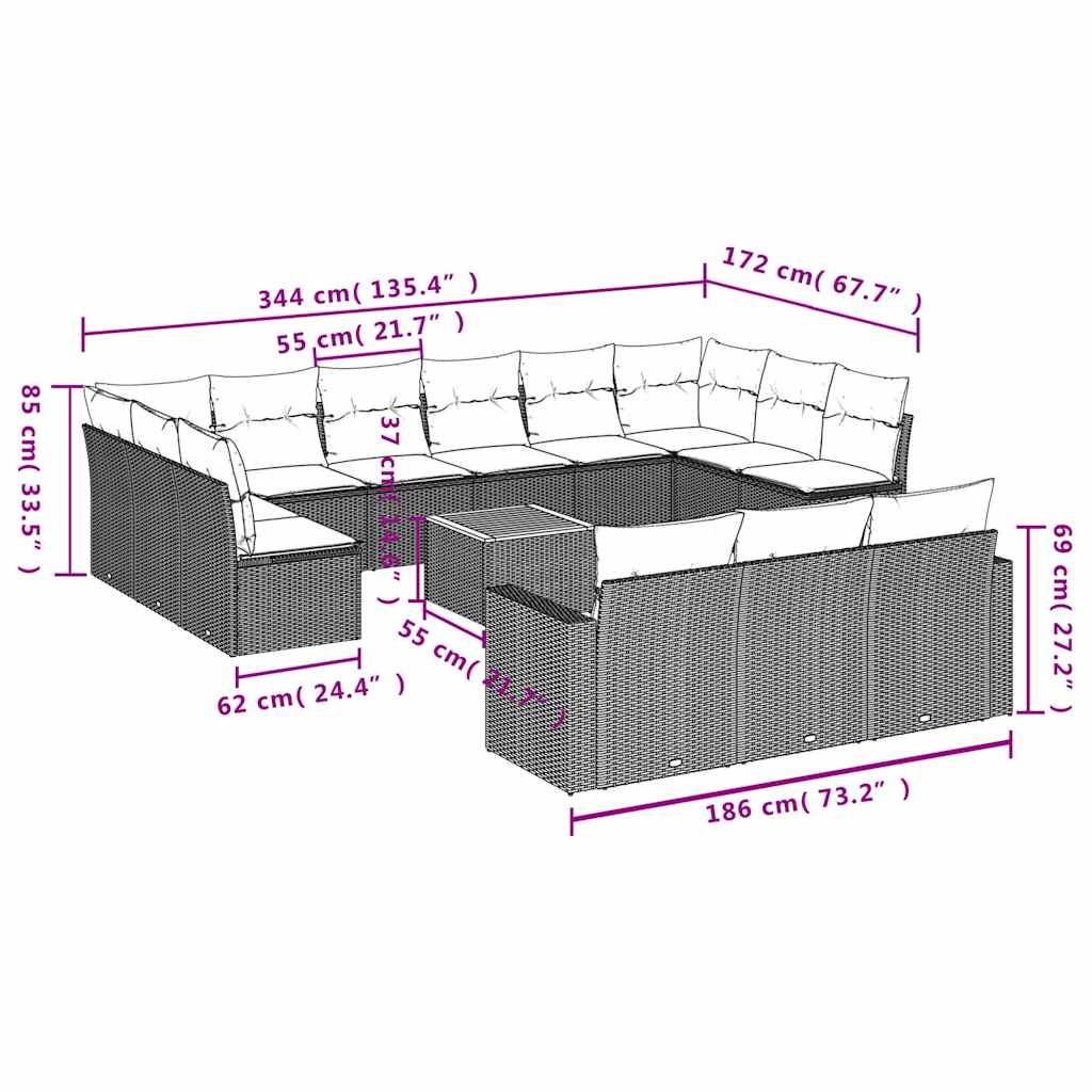 14-delige Loungeset met kussens poly rattan zwart – afbeelding 12