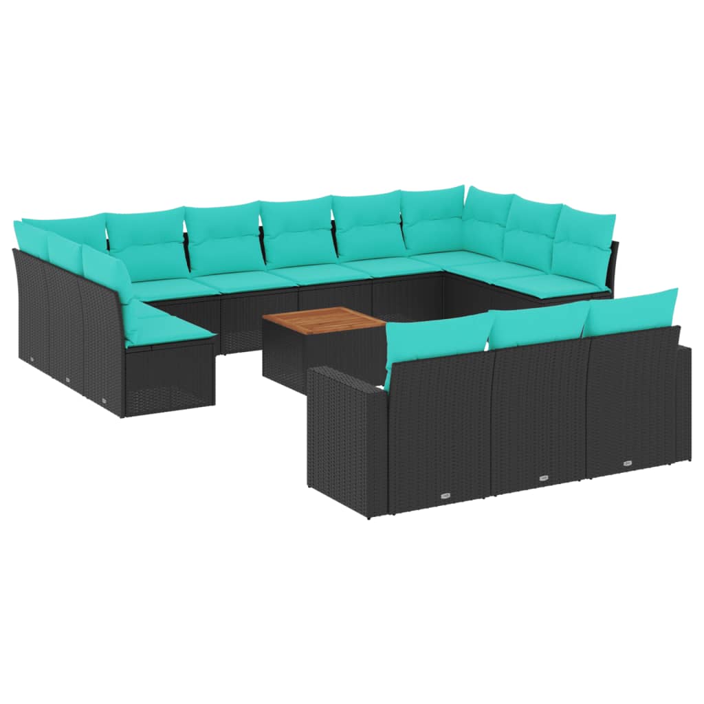 14-delige Loungeset met kussens poly rattan zwart – afbeelding 2