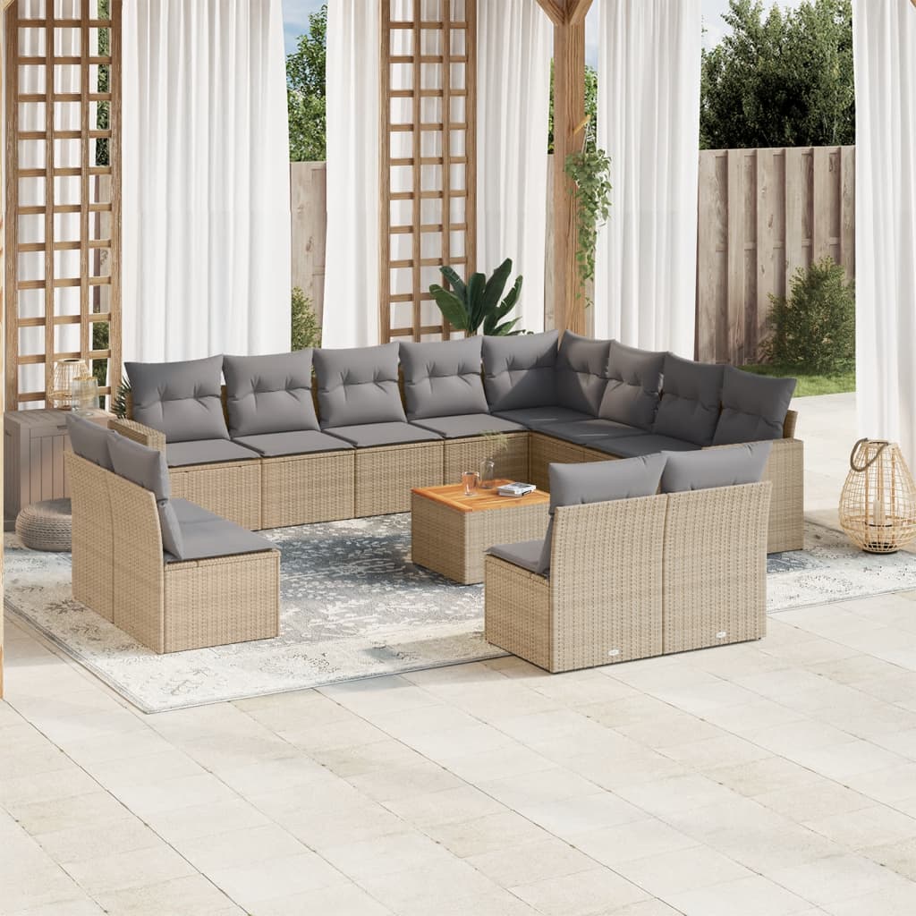 13-delige Loungeset met kussens poly rattan gemengd beige – afbeelding 1