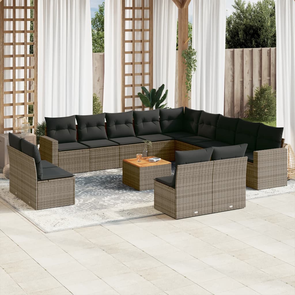 14-delige Loungeset met kussens poly rattan grijs – afbeelding 1