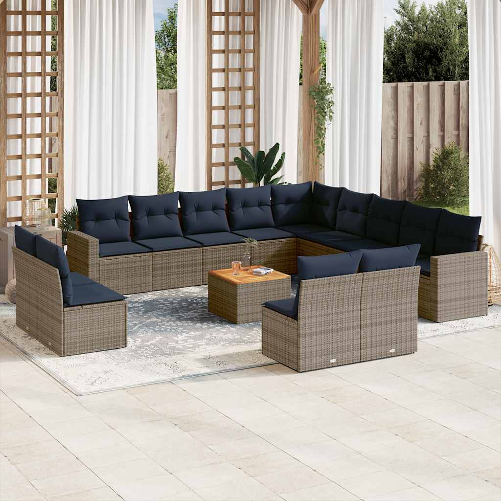 14-delige Loungeset met kussens poly rattan grijs – afbeelding 1