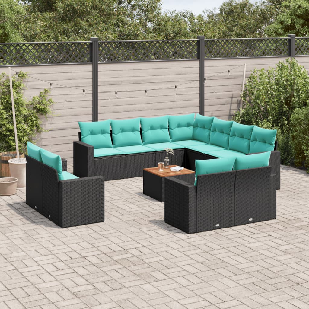 12-delige Loungeset met kussens poly rattan zwart – afbeelding 1