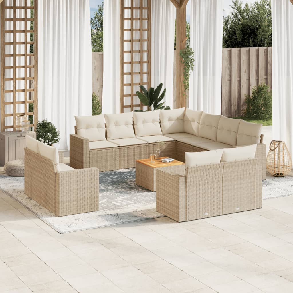 12-delige Loungeset met kussens poly rattan beige – afbeelding 1