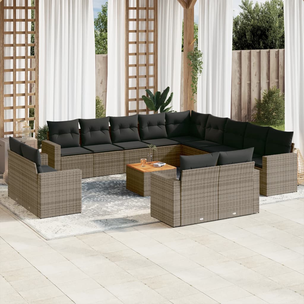 14-delige Loungeset met kussens poly rattan grijs – afbeelding 1