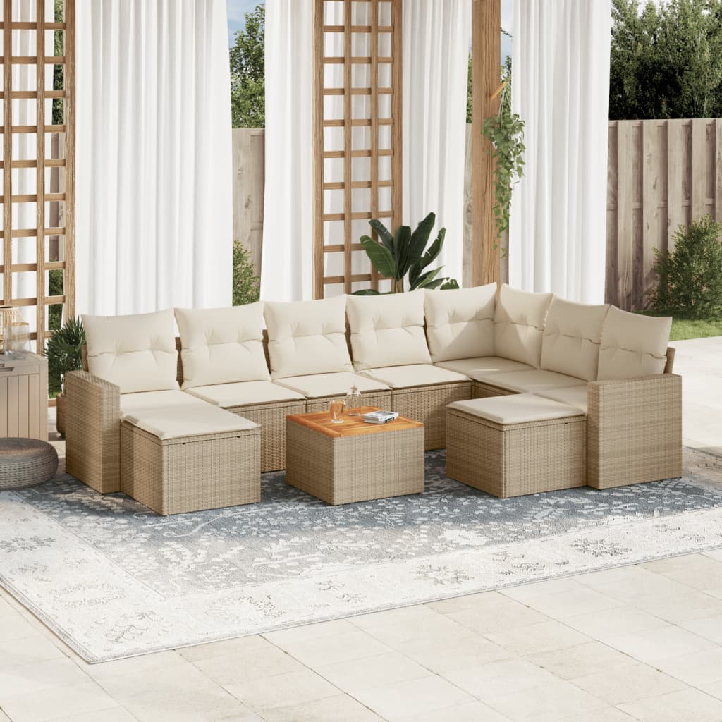 10-delige Loungeset met kussens poly rattan beige – afbeelding 1